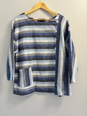 Fenini Blue Striped Linen Cotton Asymmetrical Button Tunic Top Blouse Medium